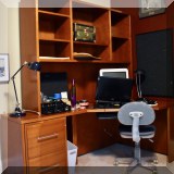 F32. Circle Furniture corner desk with hutch and file cabinet. 78”h x 74” (left side) x 45” (right side) 